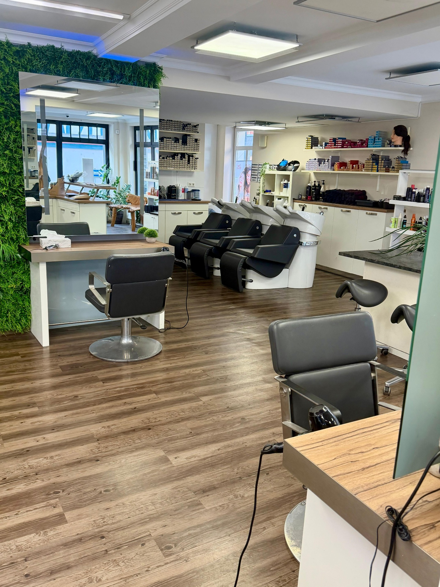 Salonbereich mit Pflanzenwand und Waschplätzen